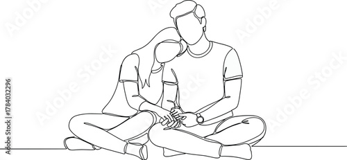 Couple sitting line art, emotional bonding pose, minimalist black sketch, love and comfort moment, intimate connection scene, flat vector illustration