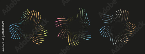 Abstract frames with multicolored sound waves. Circular dotted figures and neon curves. Audio equalizer visualization for music banner, poster design.