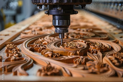 A CNC machine is carving detailed floral patterns into a wooden panel in a workshop. The rich, natural color of the wood highlights the skilled craftsmanship involved in the process