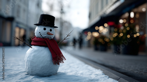 Fototapeta Naklejka Na Ścianę i Meble -  Highly detailed cinematic winter scene of a snowman standing cheerfully in the middle of a snow-covered cobblestone street of a small European town decorated for Christmas. The sno