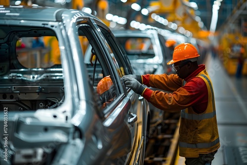 A factory worker in safety gear focuses on assembling a car on a production line