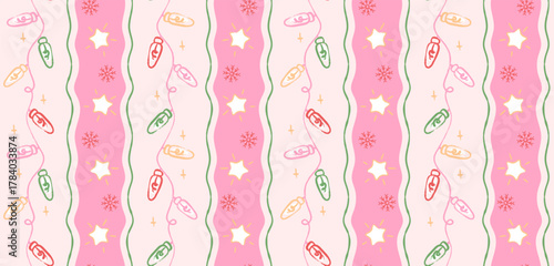 Seamless Christmas pattern with hand drawn festive light garland, stars and snowflakes on wavy pink stripes. Cute pastel holiday design, background for seasonal decorations, print, greeting cards.