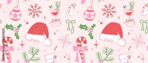 Christmas seamless pattern, festive holiday elements. Hand drawn Santa hats, holly leaves, snowflakes, bows and cocktails. Ornate pastel background for seasonal design, print, greeting card.