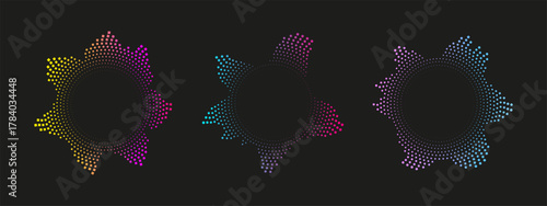 Abstract frames with multicolored sound waves. Circular dotted figures and neon curves. Audio equalizer visualization for music banner, poster design.