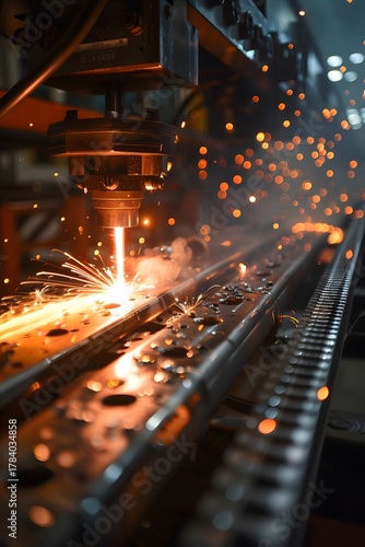 A laser cutting machine operates in a busy workshop, producing bright sparks as it carefully cuts through metal. The scene showcases industrial activity and advanced technology in action