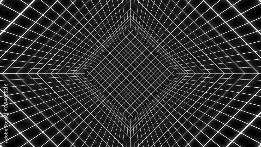 A looping neon white thin line grid tilt at 45° animation with forced perspective background.