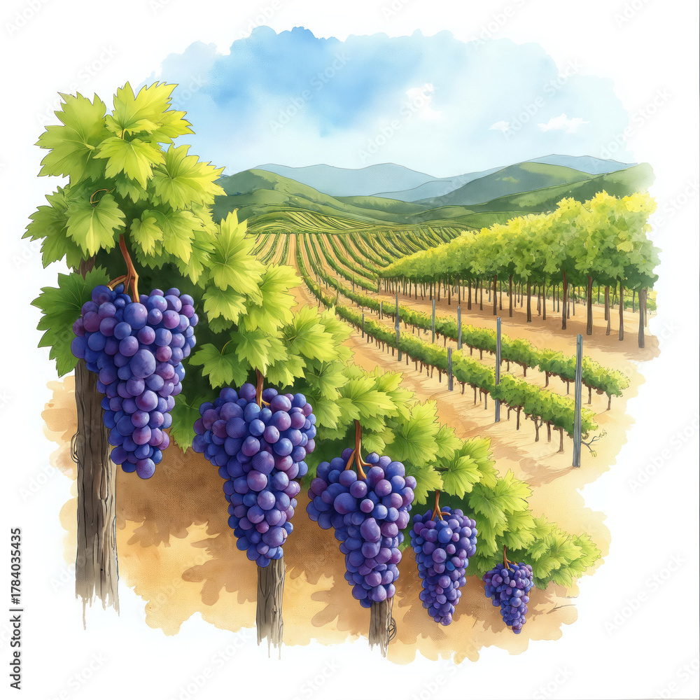 Naklejka premium Watercolor illustration of vineyard features rows of grapevines with ripe purple grapes. Scenic rural landscape shows blue sky, green hills. Agricultural farming concept viniculture production,