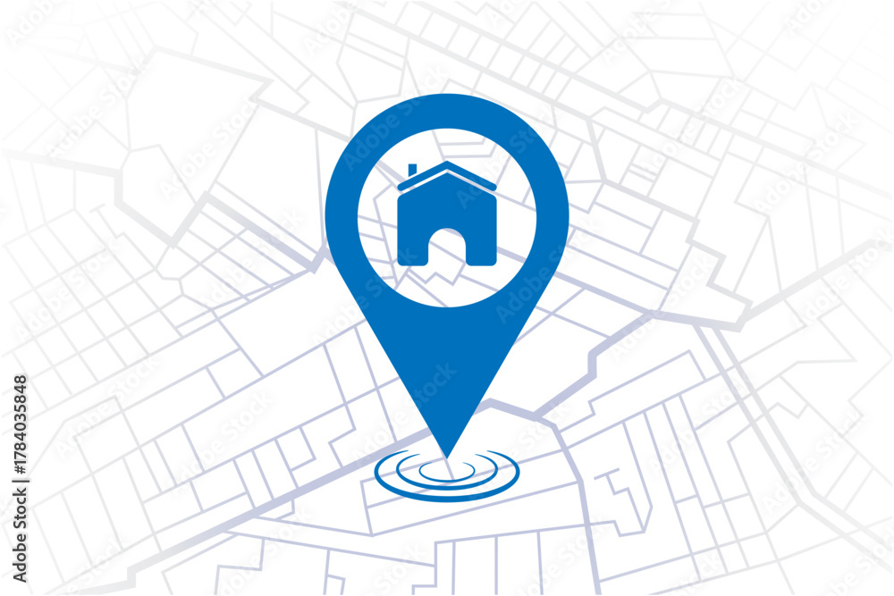 Fototapeta premium Blue location pin with a house icon on a city map - Real Estate Navigation Concept