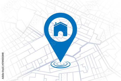 Blue location pin with a house icon on a city map - Real Estate  Navigation Concept