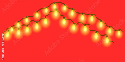 New Year banner. Circle of light forms magical border. Soft yellow bulbs hang on thread. Twinkling fairy lights glow in soft amber. Golden garland loops around festive corner.