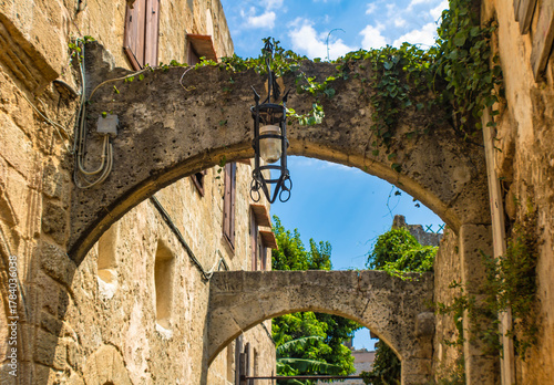 Fototapeta Naklejka Na Ścianę i Meble -  Old stone arches with climber plants in the Rhodes Old town, Greece