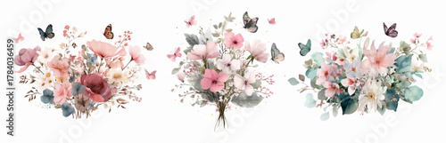 Watercolor set of flower bouquets with butterflies. Spring romantic flowers with green eucalyptus leaves. Romantic botanical illustration isolated on white background. Spring romantic flowers.