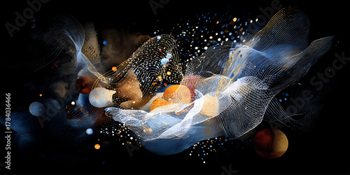 Blue fire light abstract art illustration of a welder working on steel at night in the factory workshop, casting red energy and smoke in the space