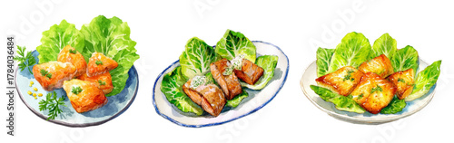Watercolor set of baked fish. Pieces of baked fish in batter with golden crust on a plate with lettuce leaves. Seafood. Prepared fish for dinner with fresh lettuce leaves.
