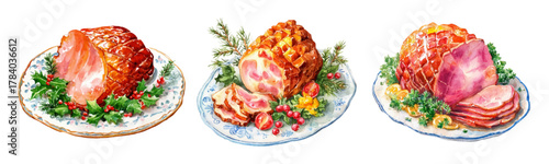 Watercolor set of festive pork. Meat dishes with berries and lettuce on a plate. Meat dishes for the festive table. Baked pork with a golden crust. Christmas dishes.