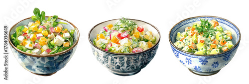 Set of watercolor illustrations with traditional Olivier salads, in ceramic bowls. Hand-drawn festive potato salad with peas, eggs, carrots, pickles and mayonnaise. New Year's salad.
