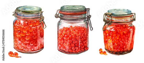 Watercolor set of glass jars with chevron caviar. Salted chevron fish caviar in jars. Seafood. Caviar for various and New Year's dishes. Black fish salted eggs.