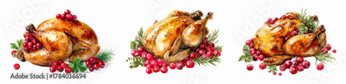 Set of baked chicken with cranberries. Watercolor chicken carcass baked in the oven with a golden crust and holly berries. Festive Christmas poultry carcass.