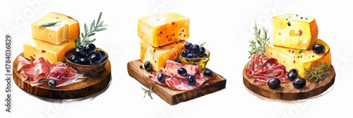Set of watercolor cheese plates, sliced ham, olives and herbs on wooden boards. Appetizers for wine. Hard cheese, olives, jamon and prosciutto. Watercolor hand drawn illustrations.