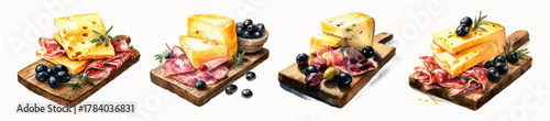 Wooden board with cuts of cheese, ham and olives. Assorted appetizers for wine. Hard cheese, jamon or prosciutto and olives. Exquisite snacks for alcohol.