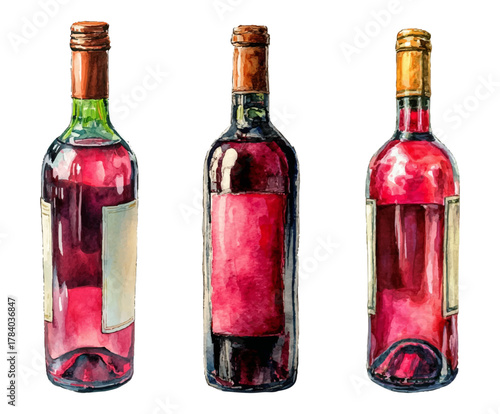 Watercolor set of red wine bottles. Wine bottle with label and cork watercolor. Alcoholic grape drinks. Bottles with red and rose wine. Hand drawn illustrations.