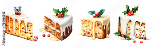 Watercolor set of different pie slices. Baked sweet pie with raisins and berries covered with white sugar icing and decorated with holly berries. Festive sweet pastries.