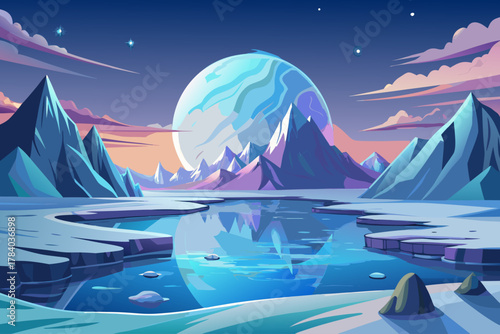 Frozen ice lake on alien moon sunset planet with calm background. The surface of the lake is covered with pristine snow, the soft light of the heavenly moon. Mountain range in the distance with fog...