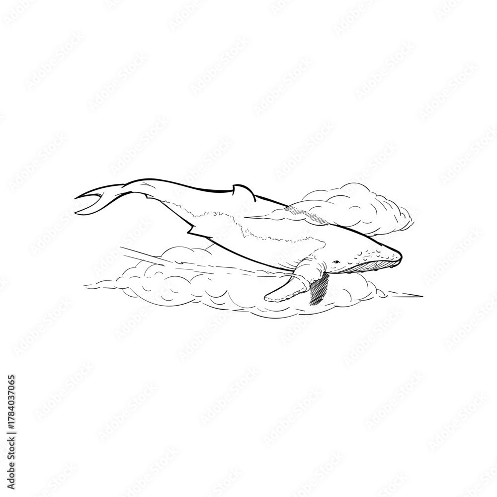 Fototapeta premium Majestic Whale Breaching Through Clouds in a Surreal, Dreamlike Sky Illustration
