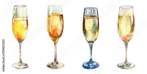 Watercolor set of champagne glasses. Sparkling sparkling wine in a glass goblet. Solemn and festive low-alcohol drinks. Christmas and New Year cocktails.