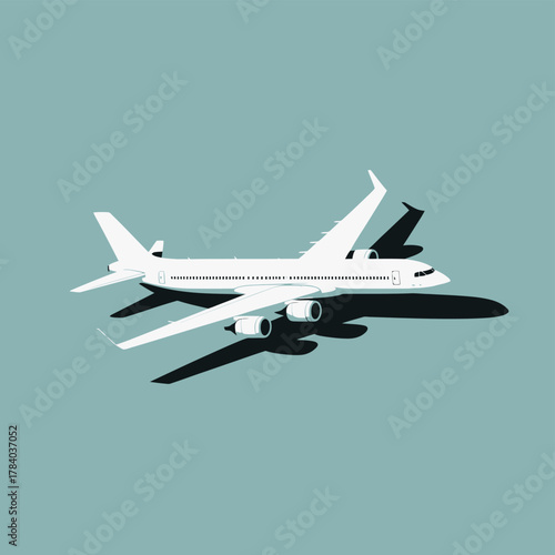 Modern passenger jetliner soaring through the sky with a dramatic shadow