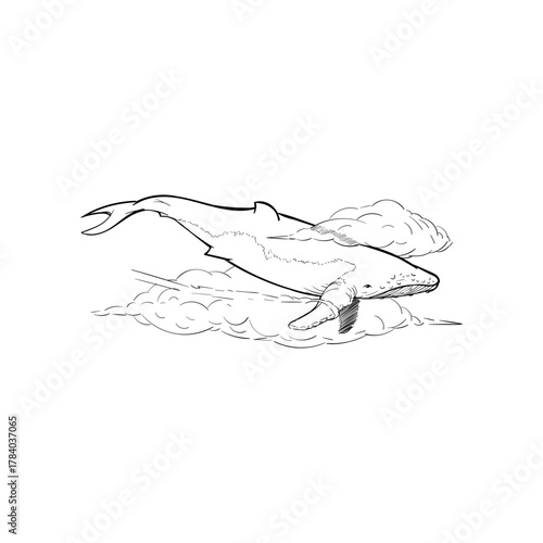 Majestic Whale Breaching Through Clouds in a Surreal, Dreamlike Sky Illustration