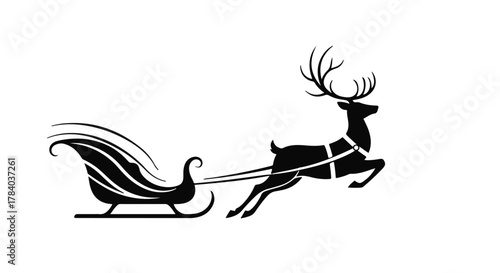 Silhouette of a reindeer pulling a sleigh through the night sky