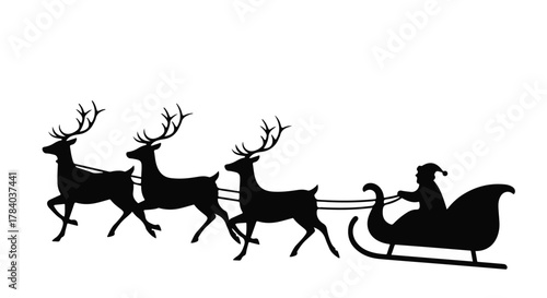 Magical silhouette of Santa Claus and reindeer pulling sleigh through the sky