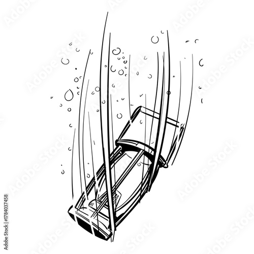 Dramatic black and white line art illustration of a vehicle falling and sinking into deep water