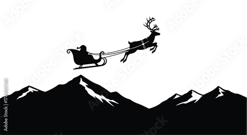 Magical Santa sleigh flies over snowy mountains under a clear sky, bringing holiday cheer