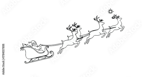 Santa Claus flying in his sleigh pulled by reindeer under a starry night sky.