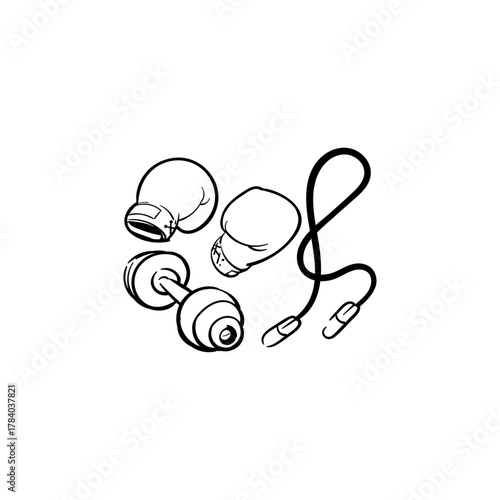 Essential hand-drawn fitness gear for a comprehensive workout regimen, including gloves, dumbbell, and jump rope
