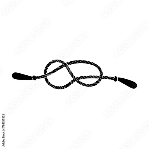 A simple black silhouette icon of a single rope cord tied into a knot representing connection and complexity