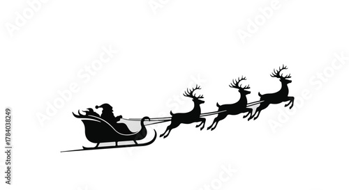 Santa Claus silhouette flying in sleigh pulled by reindeer against white background