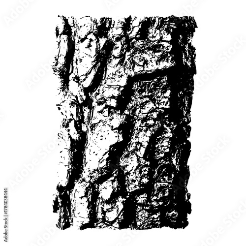 Close up view of a tree bark texture with deep furrows and ridges in a black and white vector graphic
