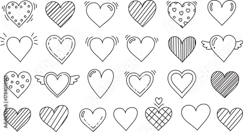 Set of doodle hearts. cute, romantic heart icons in various sketch styles, isolated on transparent background for Valentine's Day, greeting cards, wedding invitations, social media posts, logos