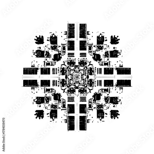 Abstract black and white symmetrical design resembling a complex mechanical or architectural structure