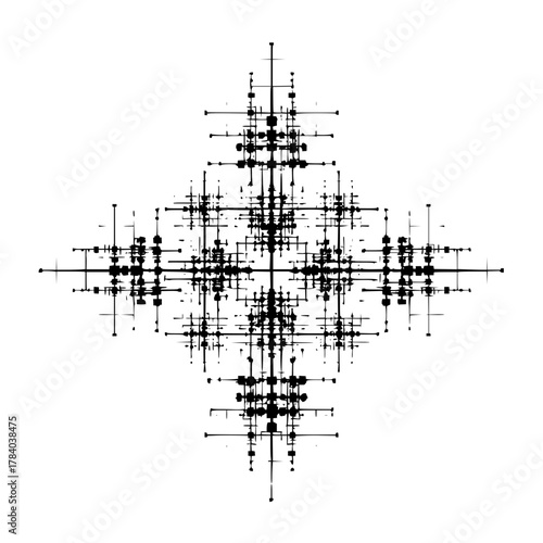 Abstract symmetrical design featuring black lines and geometric shapes on a white background in an intricate pattern