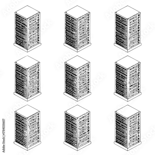 Isometric view of nine server racks arranged in a three by three grid on a white background showing detail