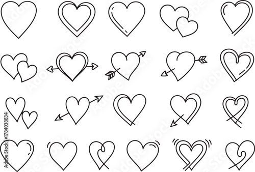Set linear hand drawn heart icons outline doodle style various shapes arrows. Ideal Valentine's Day wedding invitations love tattoo designs romantic greeting cards scrapbooking.