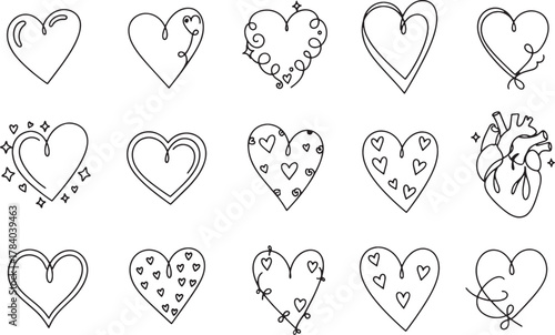 Big set hand-drawn love hearts. Continuous one line drawing, doodle style. Romantic icons for Valentine's Day, wedding design, greeting cards, tattoos, logos. Vector EPS.