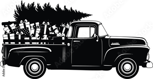 Vintage pickup truck carrying a christmas tree and gifts, a timeless symbol of holiday cheer and festive traditions