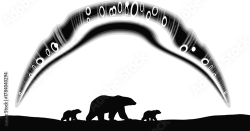 Polar bear family under aurora borealis, a stunning natural light display