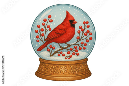 Red cardinal bird perching on a branch with red berries and snow inside a snow globe, symbolizing winter holidays