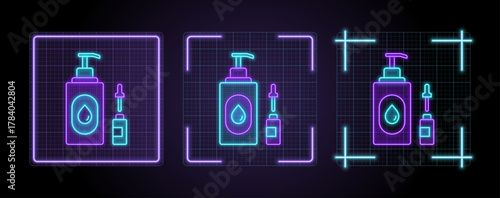 Skin care itens icon illustration, cyber neon visual, glowing border grid vector.